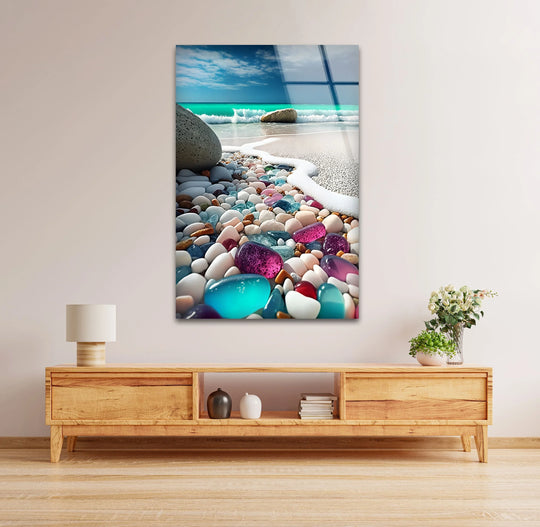 Tropical Pebble Shoreline – Crystal Jewel Tones Glass Wall Art - MyPhotoStation