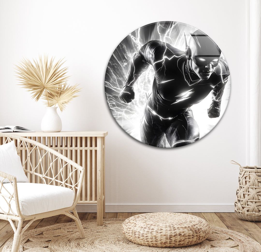 A lightning-fast moment frozen in time, featuring The Flash in dramatic black and white glass wall art.
