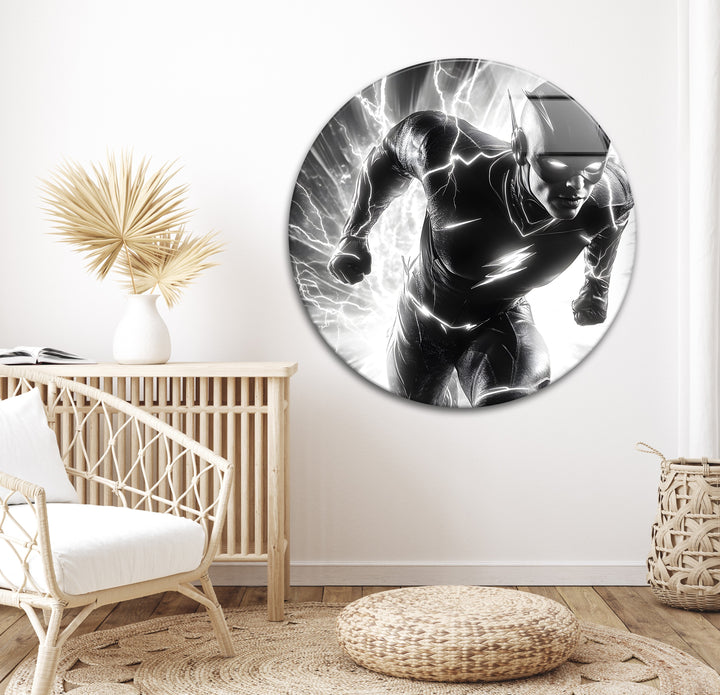 A lightning-fast moment frozen in time, featuring The Flash in dramatic black and white glass wall art.