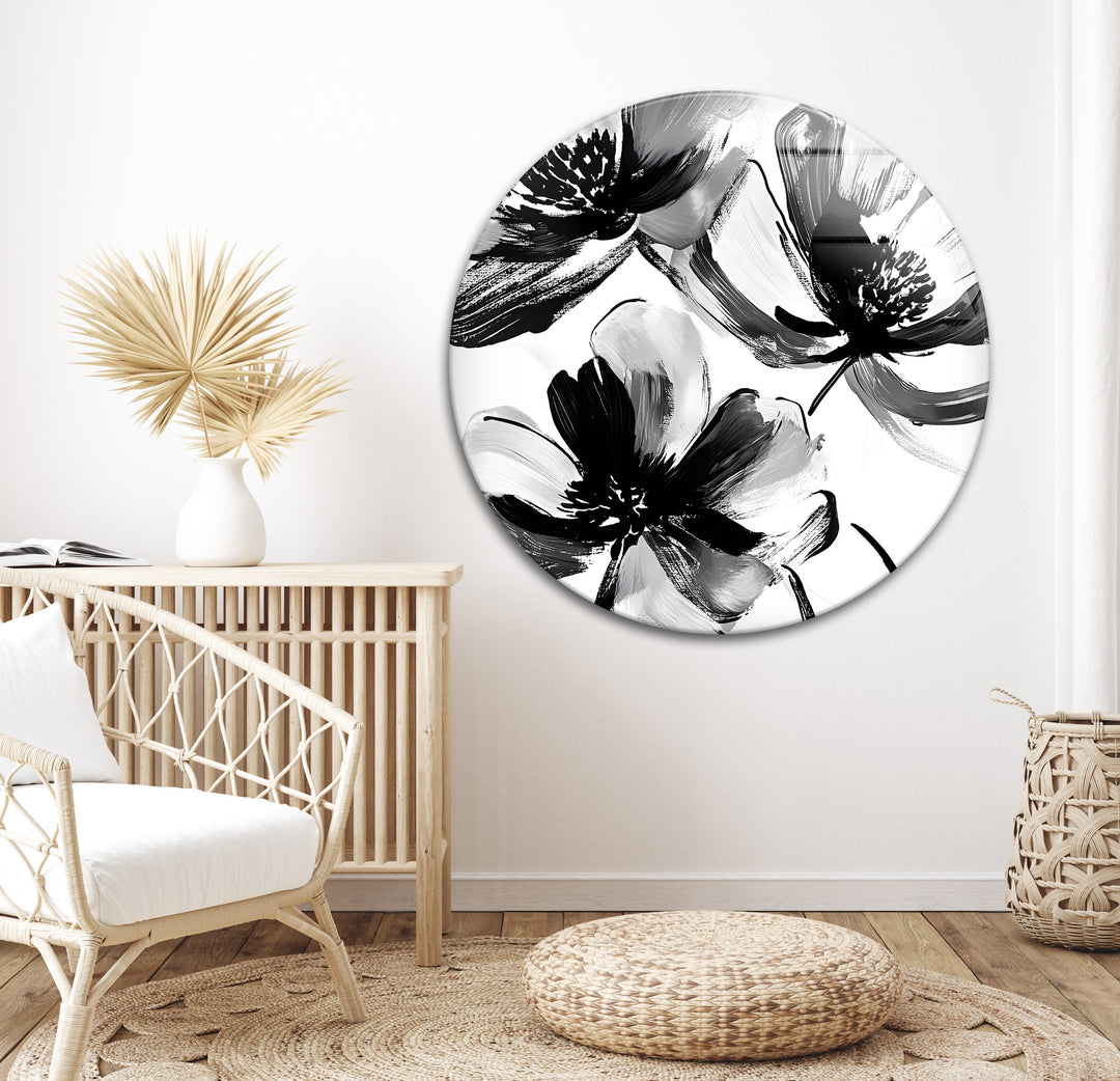 Modern abstract flower artwork in black and white, elegantly displayed on glass wall art.
