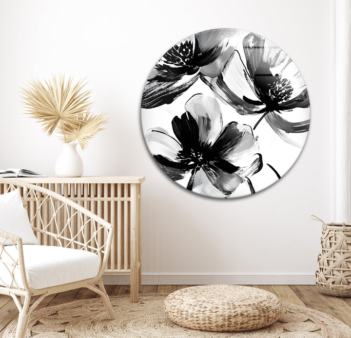 Modern abstract flower artwork in black and white, elegantly displayed on glass wall art.
