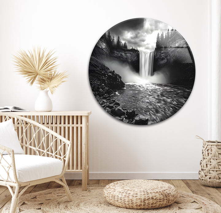 An artistic and realistic waterfall scene transformed into a sophisticated black and white glass wall art.