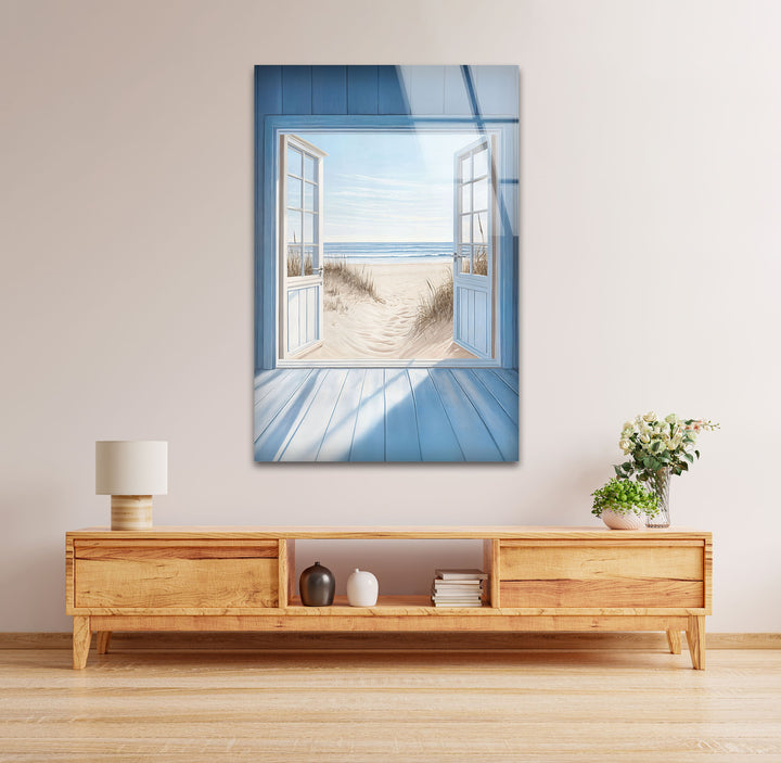 Blue Retreat – Glaswandkunst mit offenem Strandblick