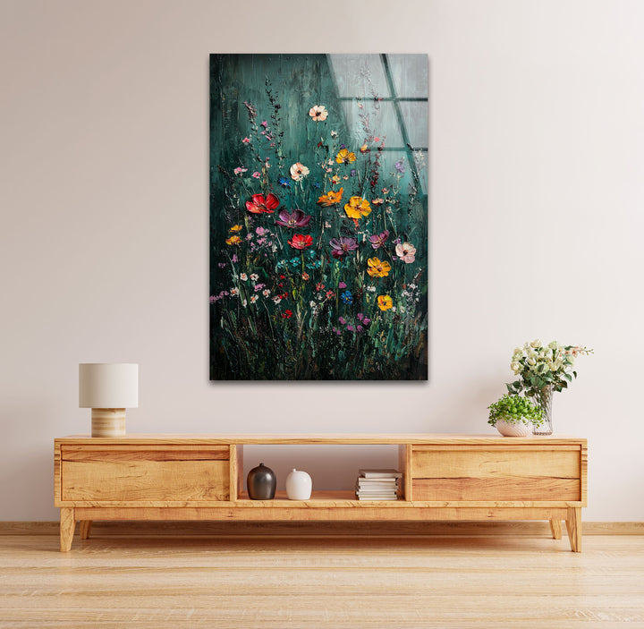 Lebendige Gartensymphonie – Strukturierte Blumen-Wandkunst aus Glas
