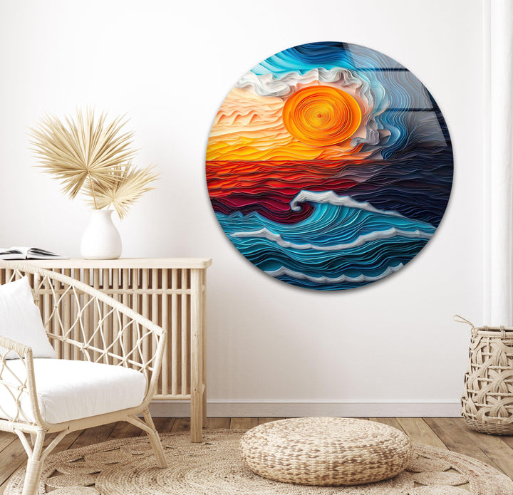 High-quality glass print of a colorful sunset over rolling ocean waves.
