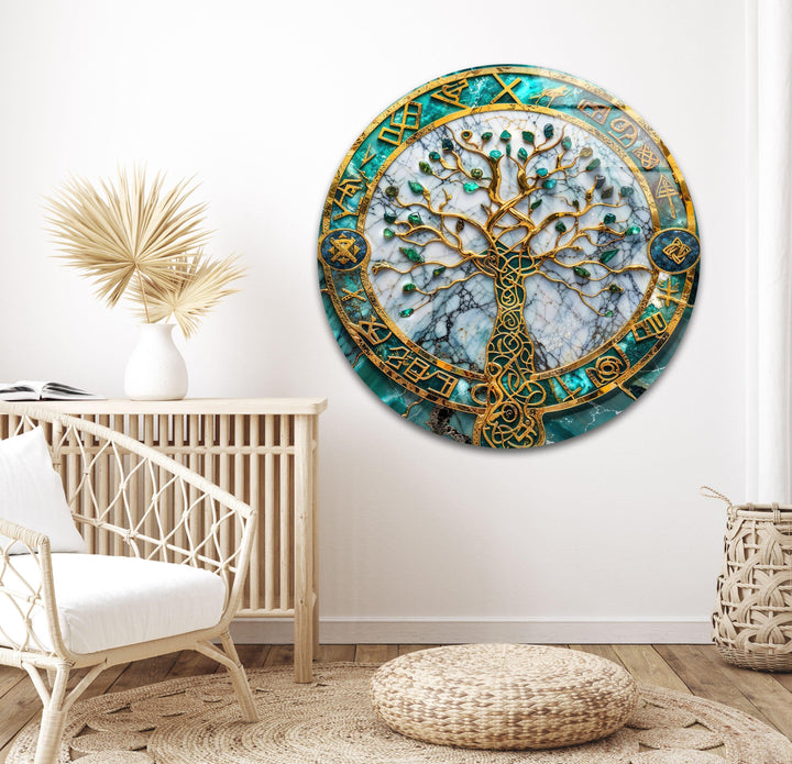 Golden & Blue Life of Tree Glass Wall Art stained glass wall art, stained glass wall decor