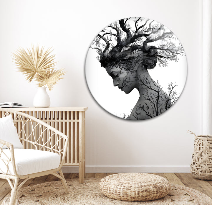 Nature’s Essence – Black & White Abstract Woman with Tree Hair Wall Art
