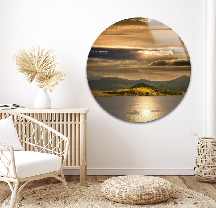 Serene lake view wall decor with a stunning reflection of the setting sun.
