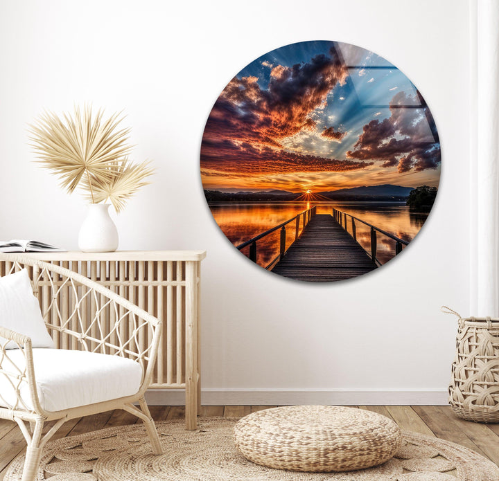 High-quality glass print of a peaceful pier extending over calm waters.
