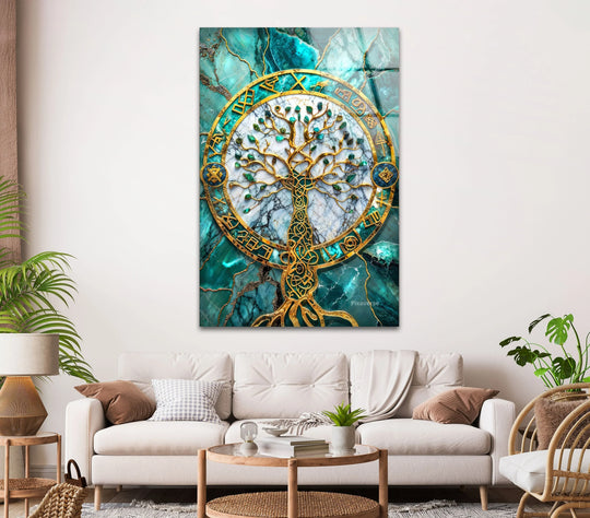 Emerald Design Tree Glass Wall Art showcases organic forms with swirling emerald marble and a golden tree, a unique modern wall decor piece.