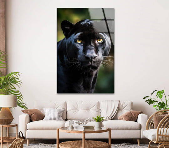 A vertical rectangular black puma portrait glass wall art showcases the majestic animal's face.