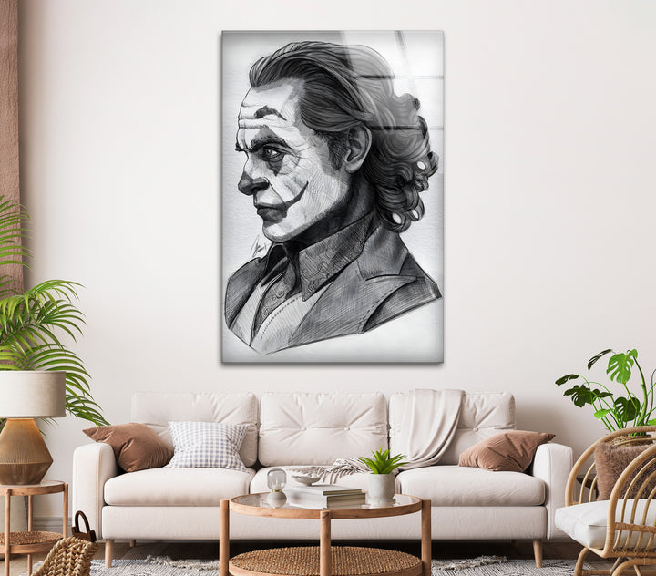 Dunkles Clown-Porträt – Schwarz-Weiß-Zeichnung, Glaswandkunst