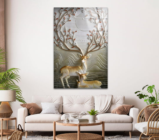 Majestic deer family under a blooming floral branch, a focal point of unique modern wall decor.