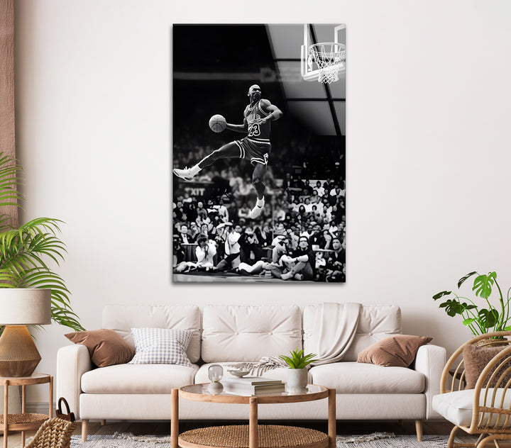 Celebrate the legend with a breathtaking black and white painting of Michael Jordan in mid-air.


