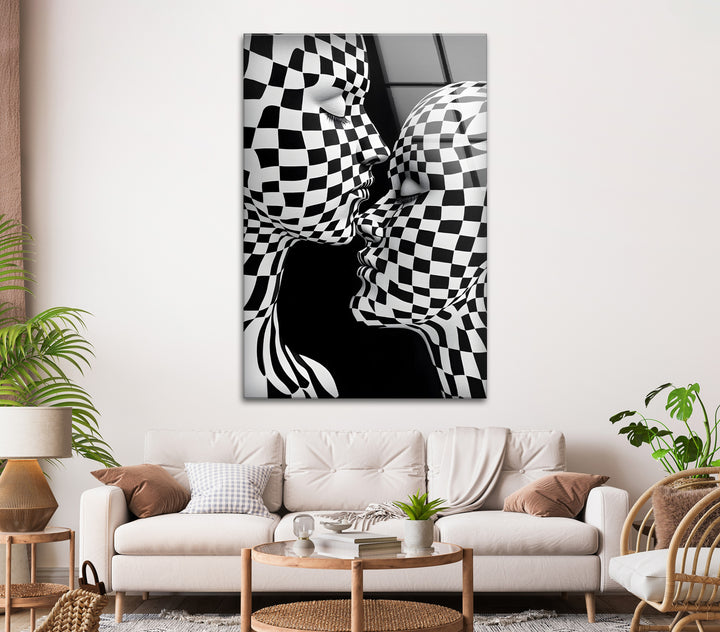 Unique kiss wall art in black-and-white, paired with a bold checkered pattern on glass.
