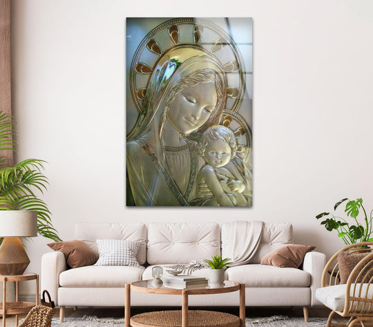 Mother and child rendered in a high-relief metallic finish create a luxurious decorative wall art with a textured, sculpted surface.