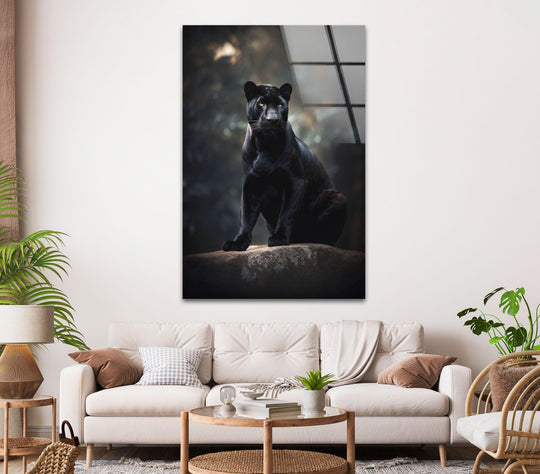 A black panther rests on a rough, textured rock surface, its sleek fur contrasting with the natural material as decorative wall art.
