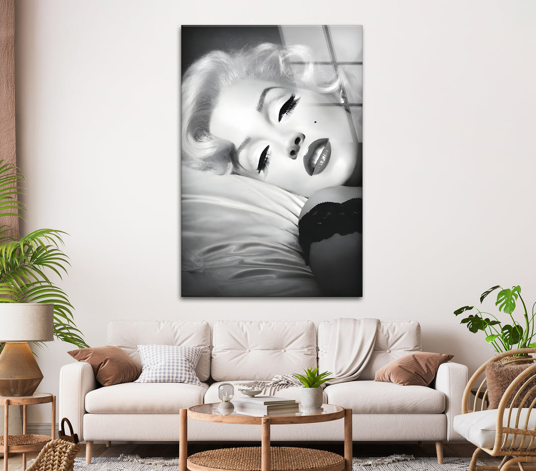 Marilyn Monroe Bedroom Portrait - Luxury Black & White Glass Wall Art
