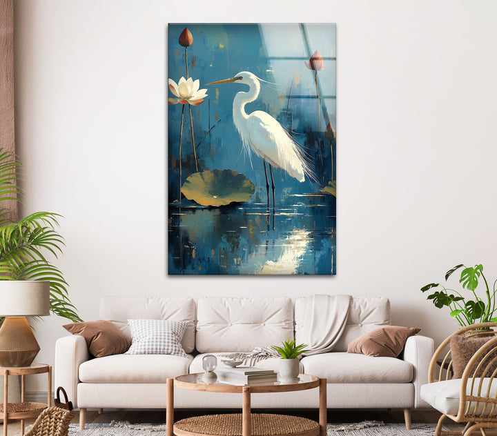 Lotus Grace – Wandbild aus Glas mit weißem Reiher und Seerose