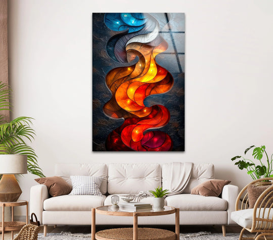 Curving geometric shapes in vibrant reds and blues flow across this tempered glass wall art.