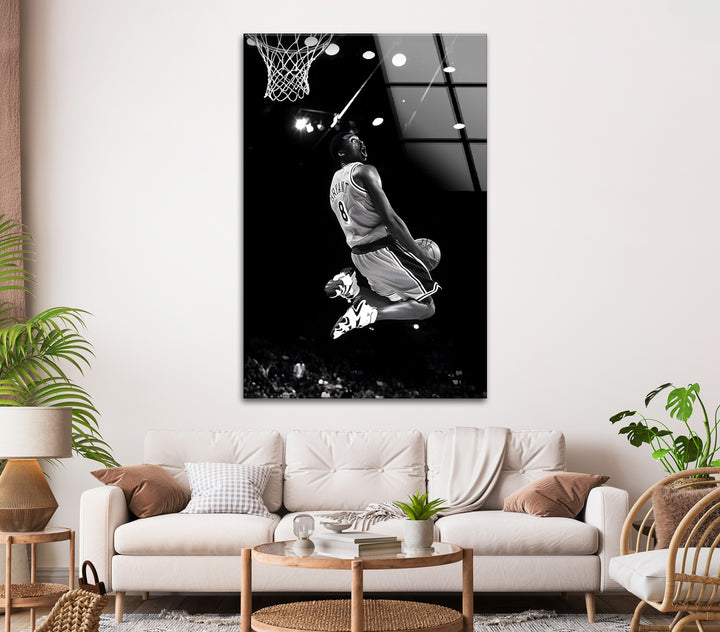 Bring the thrill of Kobe Bryant’s dunk into your home with this dramatic black and white glass wall art.

