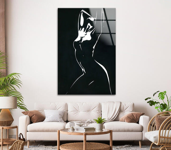 Minimalist female silhouette artwork in black and white, printed on high-quality tempered glass.
