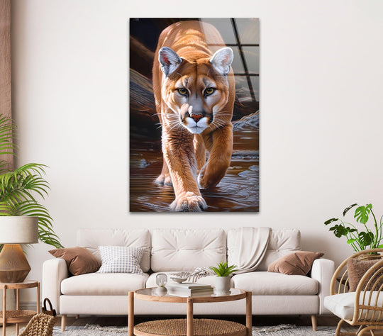 Puma's intense gaze emerges from the abstract interplay of light and shadow on this striking glass wall art, an essential piece of home decor.