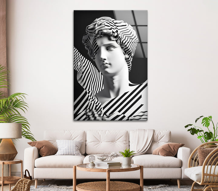 Dynamic Abstract Sculpture: Glass wall art featuring bold black-and-white abstract lines and a sculptural design.
