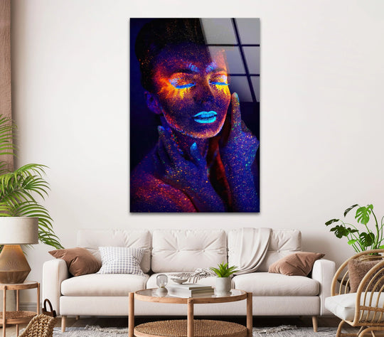 Vibrant color bomb woman glass wall artwork with dazzling neon makeup and glowing skin details.