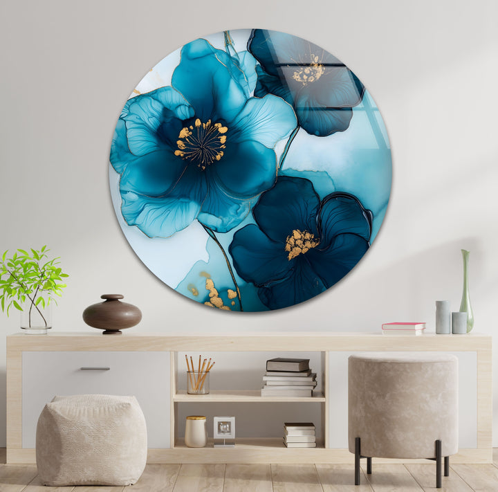 Midnight Bloom – Elegante blaue florale Glaswandkunst