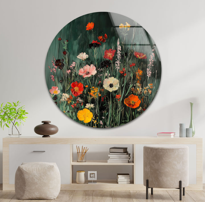 Lebendige Wildblumen in voller Blüte – Moderne florale Glaswandkunst