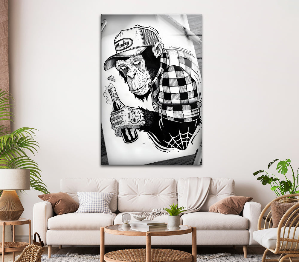 Edgy Monkey Illustration on Glass Wall Art - Black and White Design
