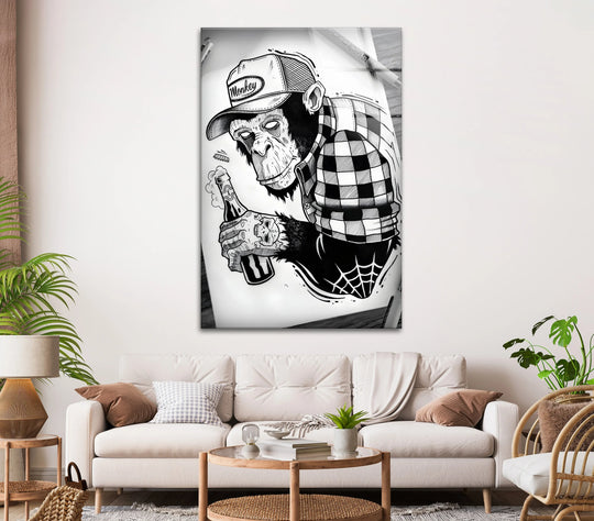 Tattooed monkey illustration on hanging wall art, showcasing a bold, urban graffiti style with intricate details.