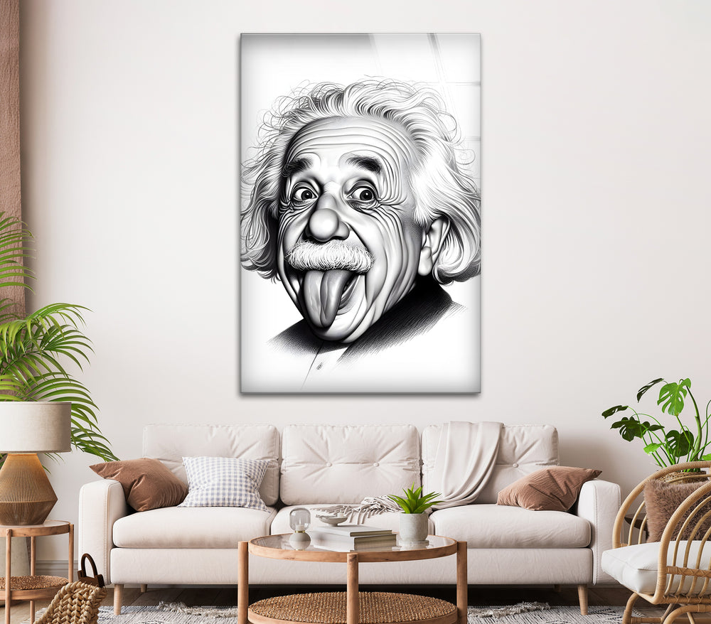 Celebrate intellect and humor with this famous image of Albert Einstein in high-quality black and white glass art.

