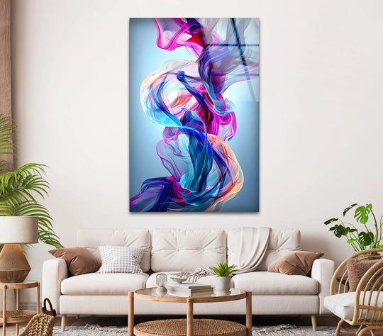Vibrant pink and blue abstract wisps create a soft, fluid visual on this stunning glass wall art.