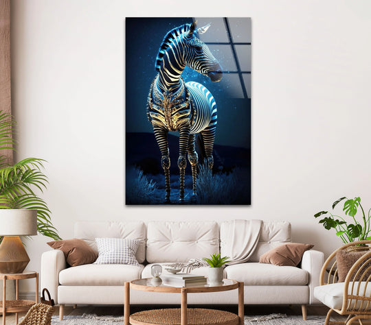 Framed canvas featuring an exotic blue night zebra with luminous, metallic accents, showcasing its intricate details and vivid stripes along its edges.