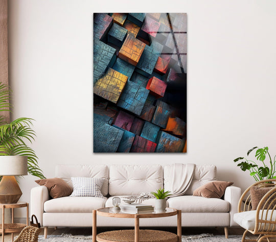 Arranged colored wood cubes create a dynamic visual rhythm in this striking abstract glass wall art.