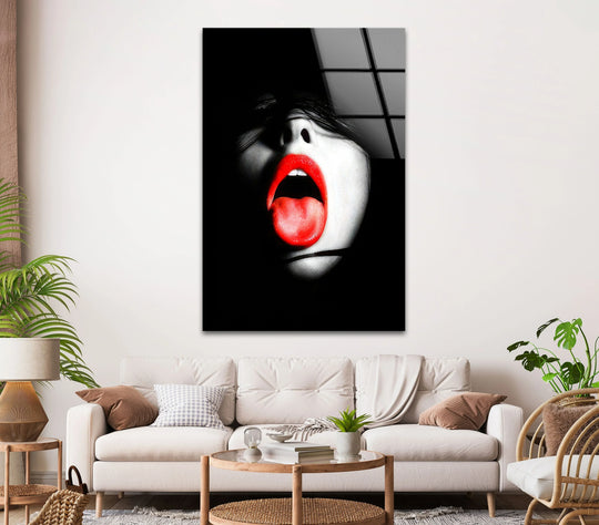 Bold and dramatic, this woman with red lips and tongue glass art painting creates an intense and captivating mood.