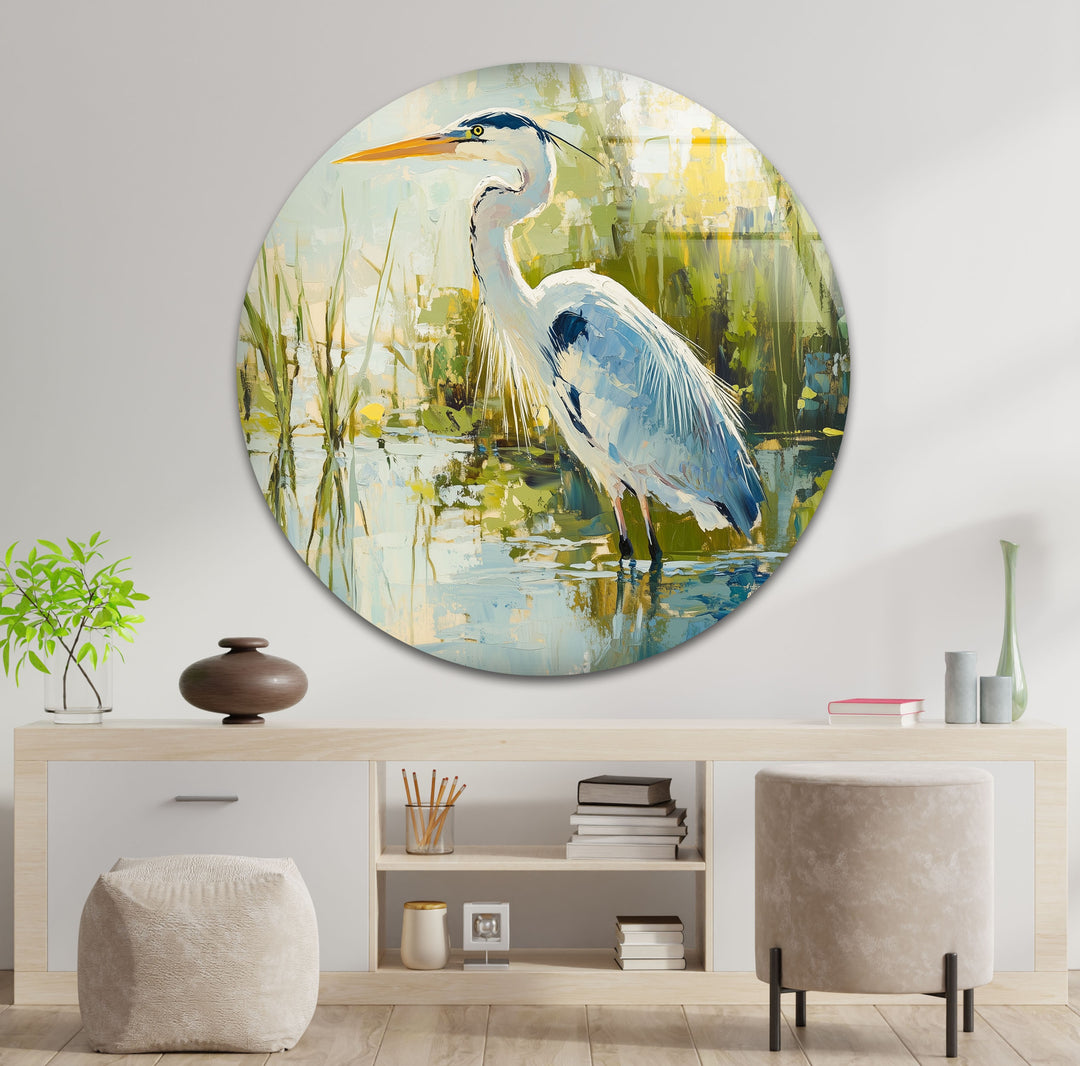 Anmutiger Reiher am Wasser – Ruhige Natur Glaswandkunst