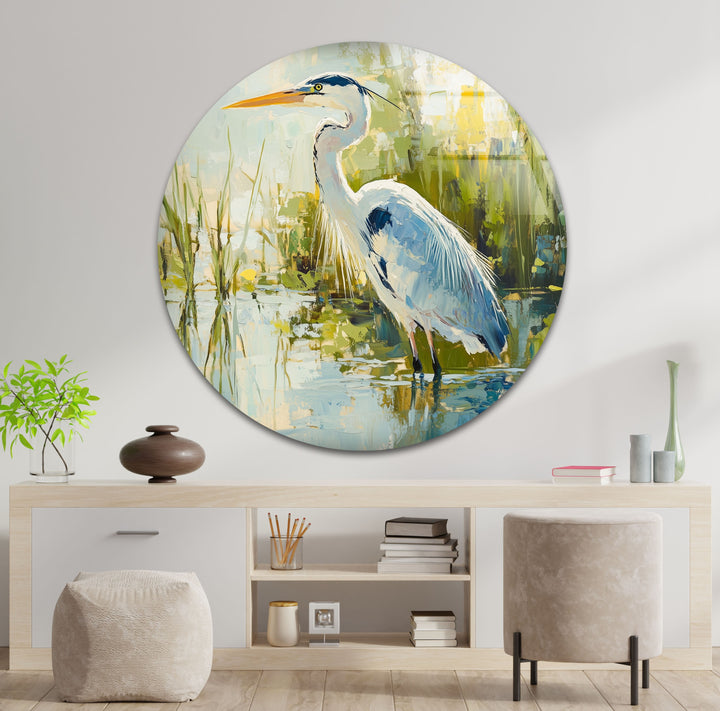 Anmutiger Reiher am Wasser – Ruhige Natur Glaswandkunst