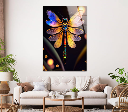 A vivid colored dragonfly glass wall art showcasing a transition from vibrant blues and purples to warm oranges and yellows, an example of unique modern wall decor.