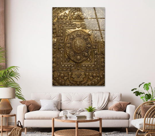 Golden mandala print wall art with intricate borders on tempered glass.