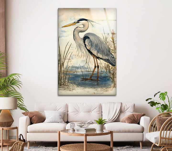 Marshland Poise – Vintage Reiher Illustration Glaswandkunst