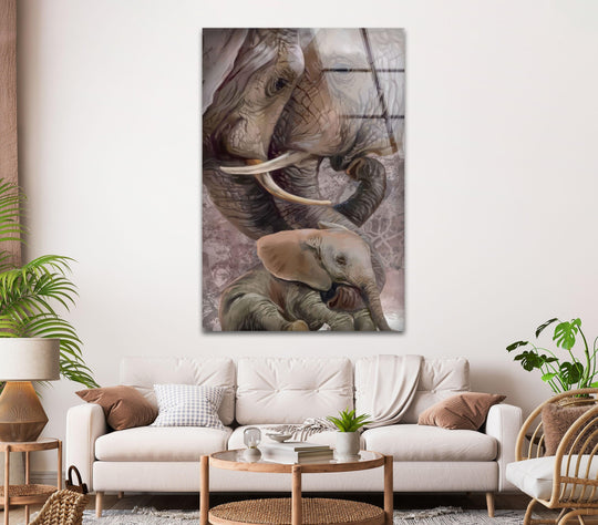 Elephant family paint is a glass wall art featuring an animal painting of wildlife decor and elephant art and glass art and displayed on a white wall