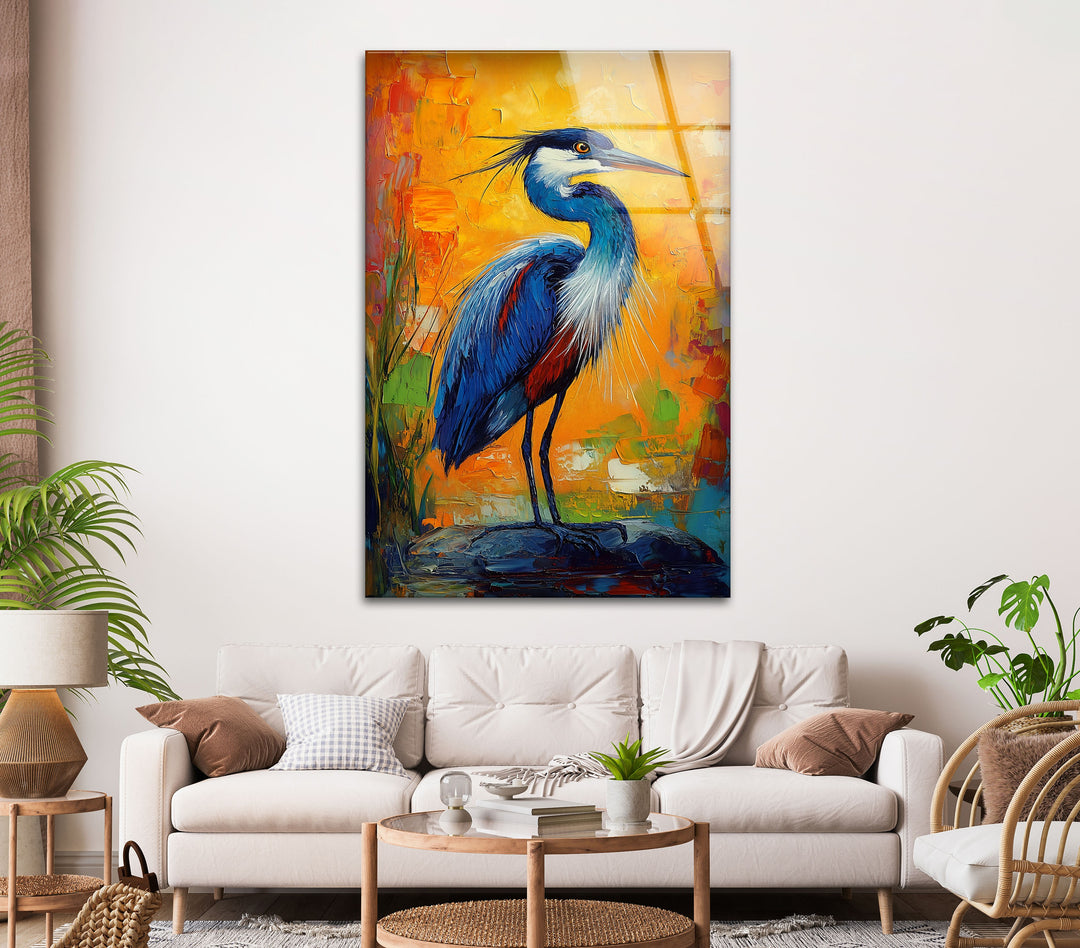 Lebendige Majestät – Abstrakter Reiher in kräftigen Farben, Glaswandkunst