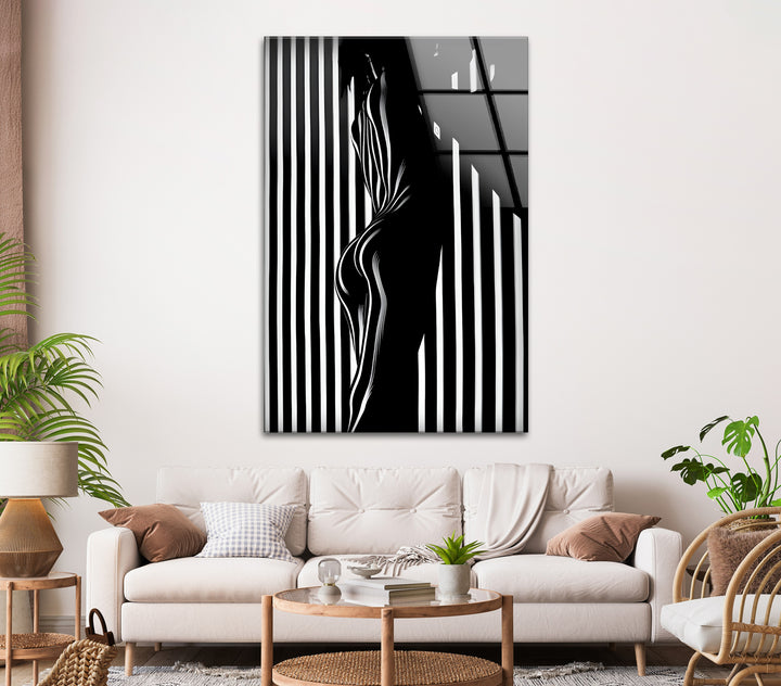 Elegant monochrome silhouette artwork printed on high-quality glass wall art for modern interiors.
