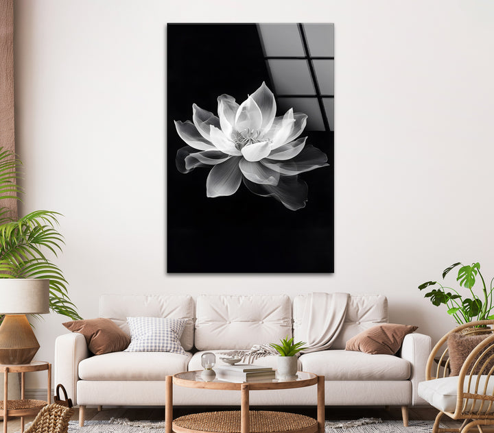 Modern and sophisticated black-and-white lotus flower design, printed on glass.
