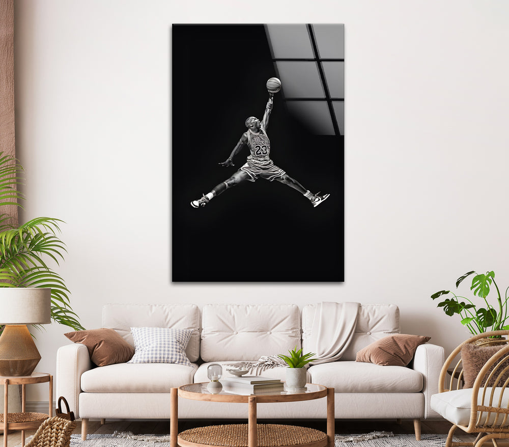 Michael Jordan dunk black and white glass wall art
