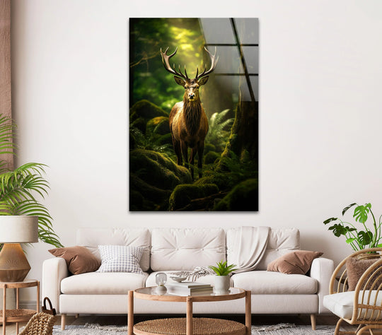 Majestic deer in a forest printed on durable hanging wall art, showcasing vivid detail and 8K UV printing for lasting elegance.