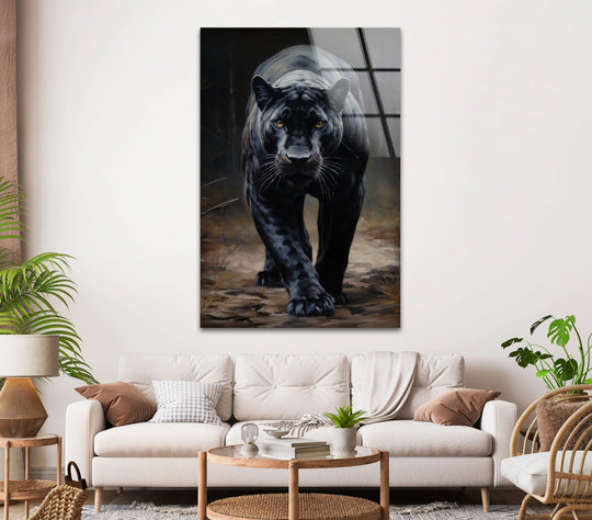 A majestic black panther glides with striking stillness, a captivating piece of glass art.